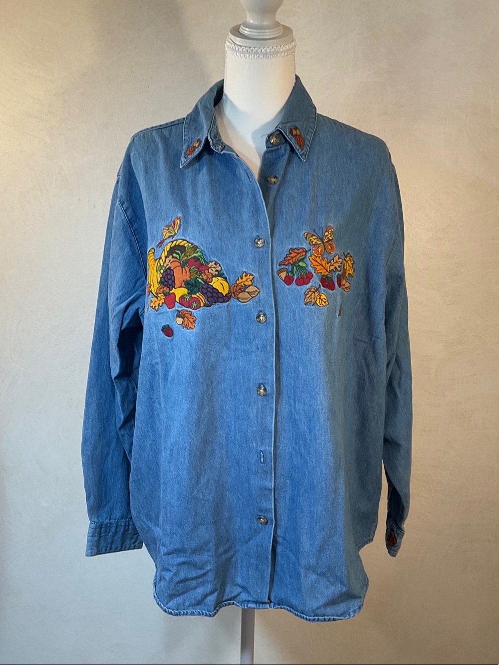 Karen Scott Denim Button-Down Shirt with Autumn Embroidery